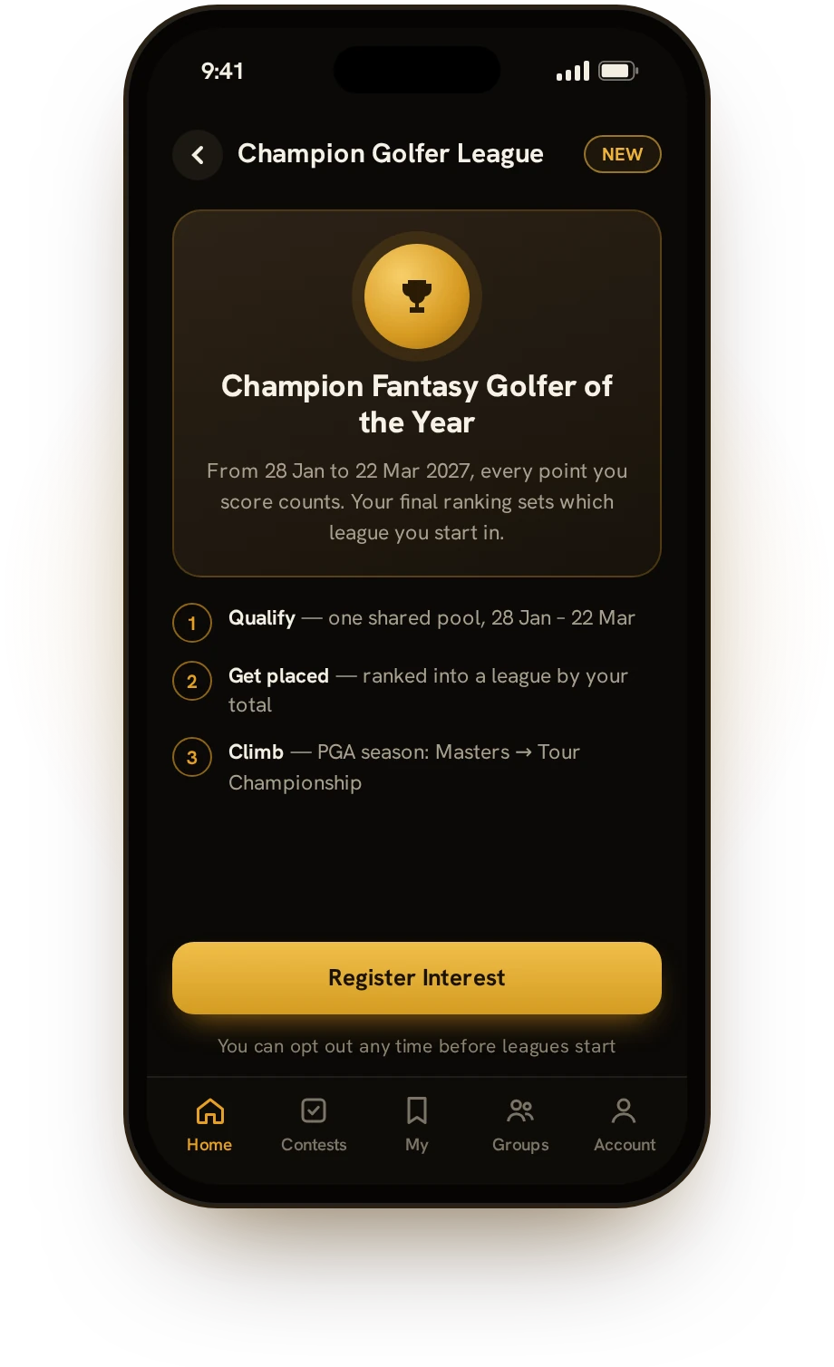App preview: Champion Golfer League register interest screen