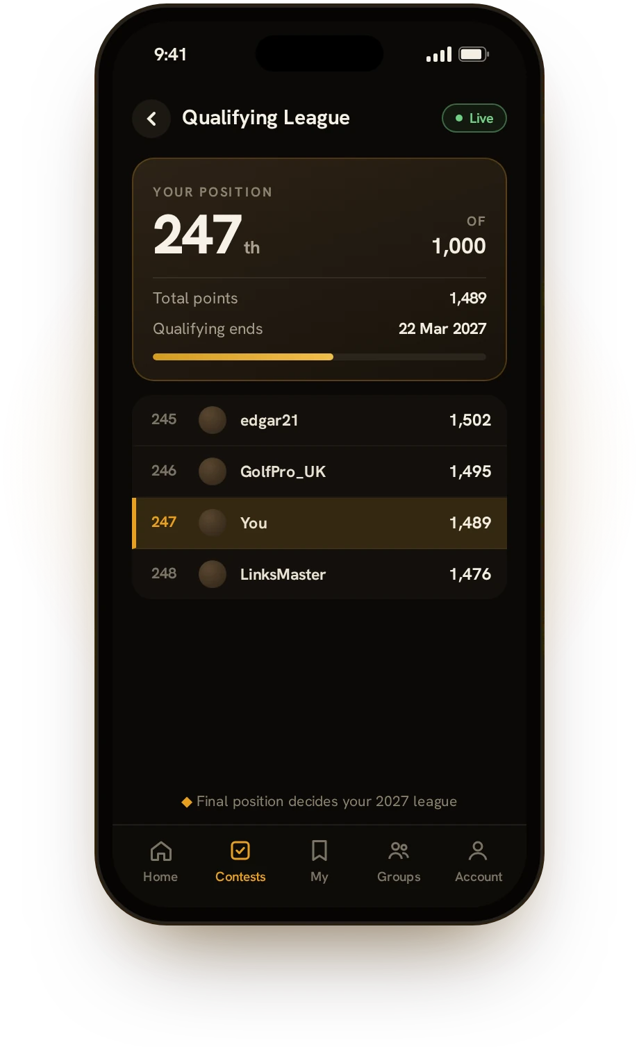 App preview: Qualifying League screen showing your position 247th of 1,000