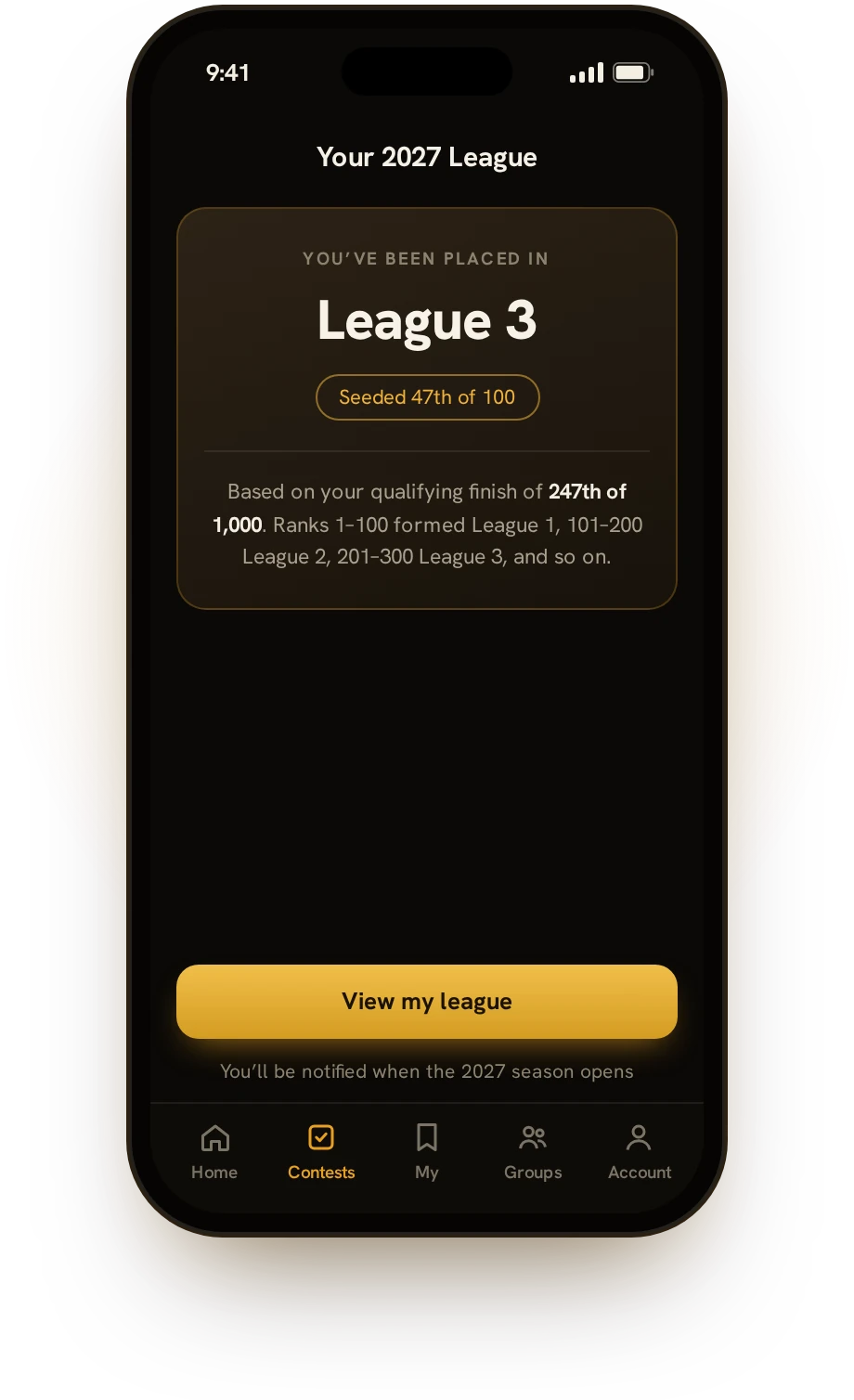 App preview: Your 2027 League screen, placed in League 3