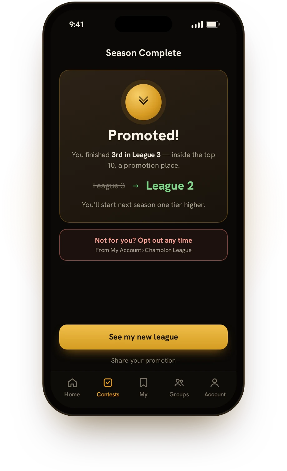 App preview: Season Complete screen, promoted from League 3 to League 2